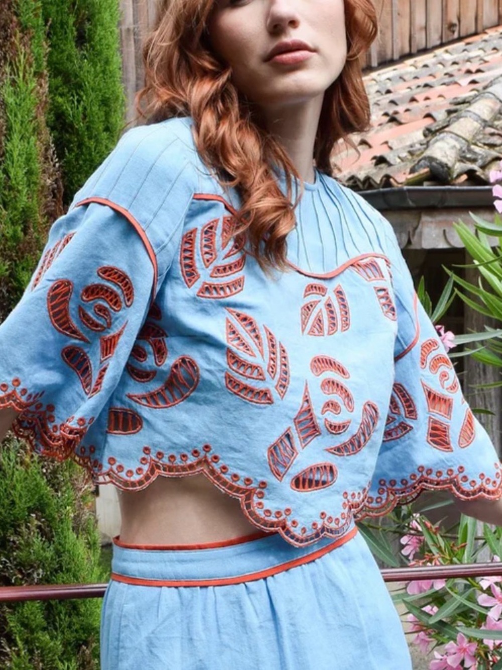 Never A Wallflower Embroidered Light Blue Cropped Top with orange Trim - Picture 2 of 15